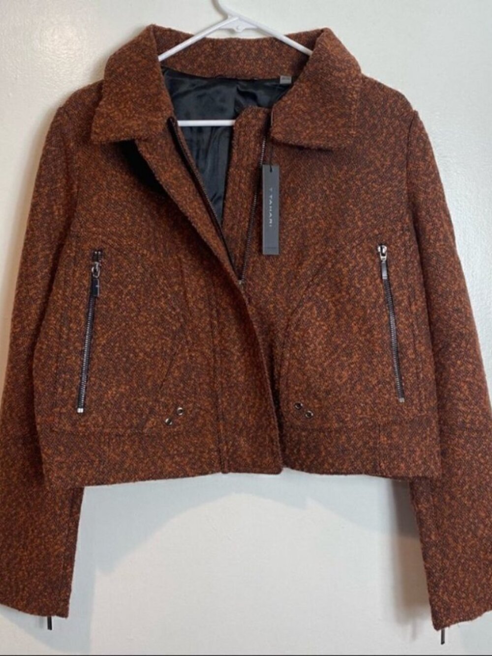 T Tahari Women's Marled Boucle Cropped Zipper Sleeve Jacket, Burnt Orange $178